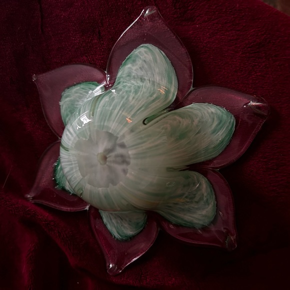 Teal Blue with clear Art Glass Flower shape Candle Holder - Picture 4 of 6